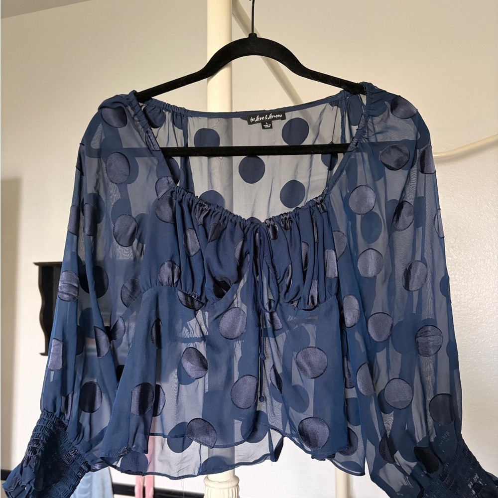 For Love And Lemons Navy Sheer Polka Dot Blouse